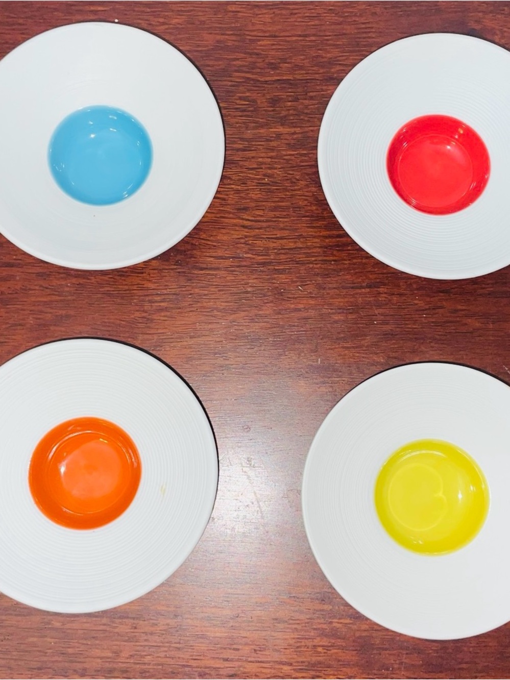 Crate & Barrel-set of. Four porcelain dot dishes-dip condiments bowls